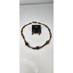 Handmade Brown Tiger's Eye Beaded Necklace and Earrings Set 21"L